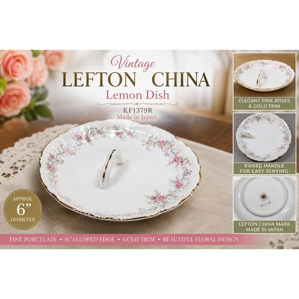 Vintage Lefton China Lemon Dish Pink Roses Gold Trim Scalloped KF1379R Japan 6in
